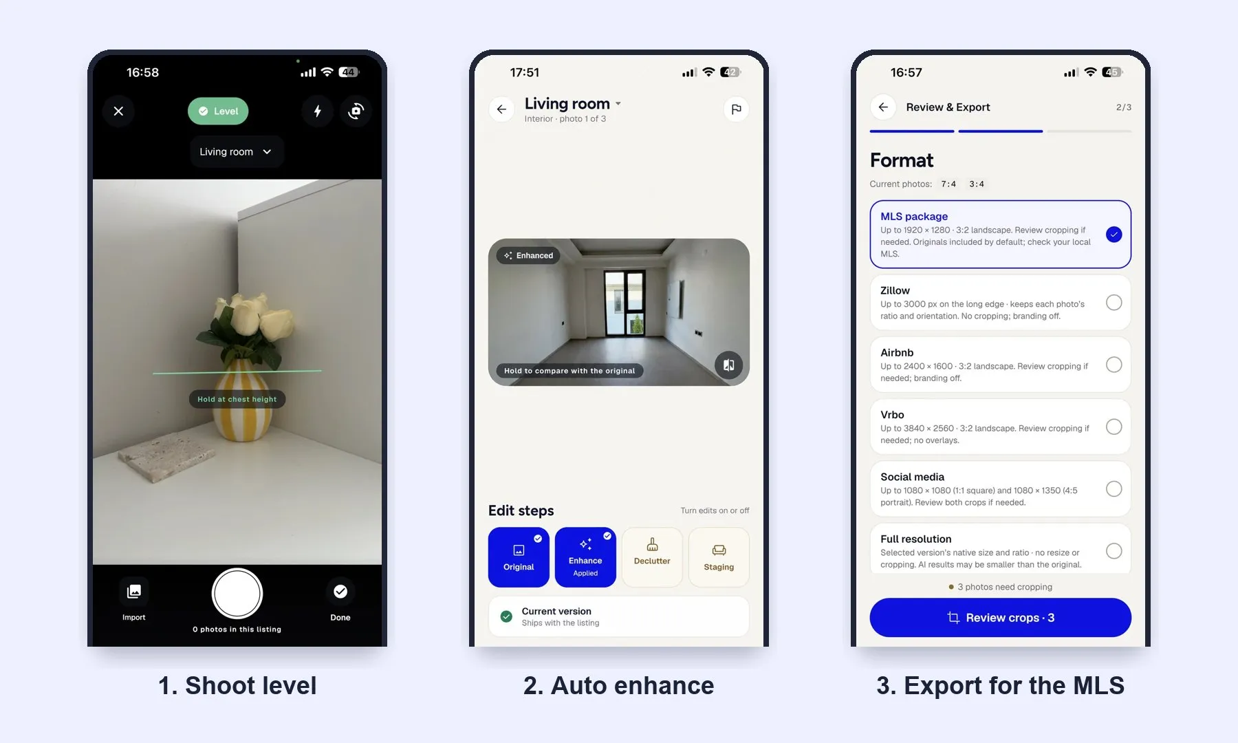 Three CurbShot screens: the camera with a level guide and room selector, a living room photo after automatic Enhance, and the export screen with the MLS package selected
