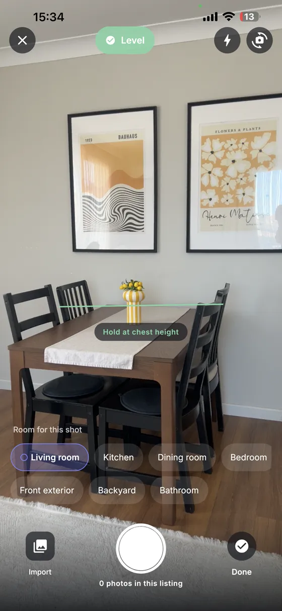 CurbShot camera with a level guide and room choices