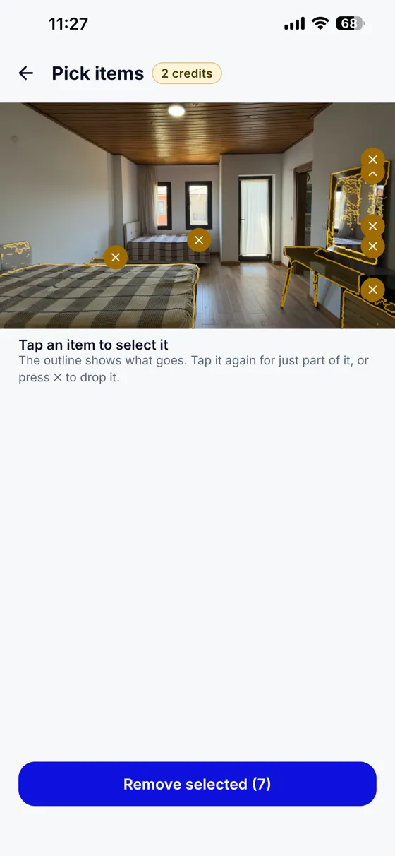 Pick Items screen with bedroom furniture selected for removal